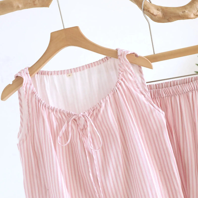 Thin Summer Pajamas Woman Sleepwear Shorts 2 Piece Set Striped Sleeveless Pyjama Gauze Cotton Women's Sleeping Clothes Pijama