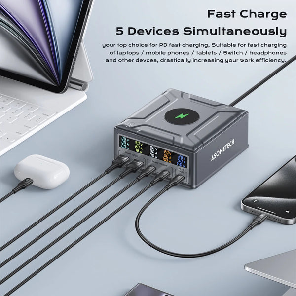 ឆ្នាំងសាកឥតខ្សែ USB C GaN 260W QC3.0 PD3.1 ស្ថានីយសាកថ្មលឿន PPS 140W សម្រាប់ iPhone 16 15 MacBook Pro Samsung Laptop ឆ្នាំងសាកឥតខ្សែ
