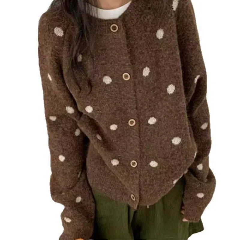 New Jersey For Women Spring Autumn Korean Sweaters & Jumpers Short Woolen Coat Polka Dot Woman Clothing Knitwear Female Jacket