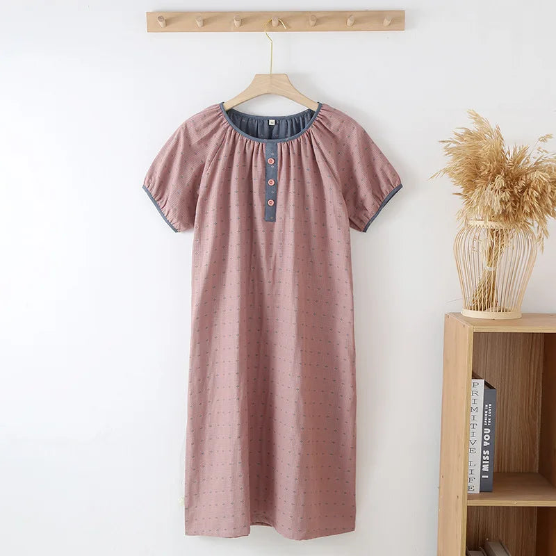 Retro Style Round Neck Nightgowns Summer Thin Cotton Gauze Nightdress Loose Simple Short Sleeve Women's Home Long Dress