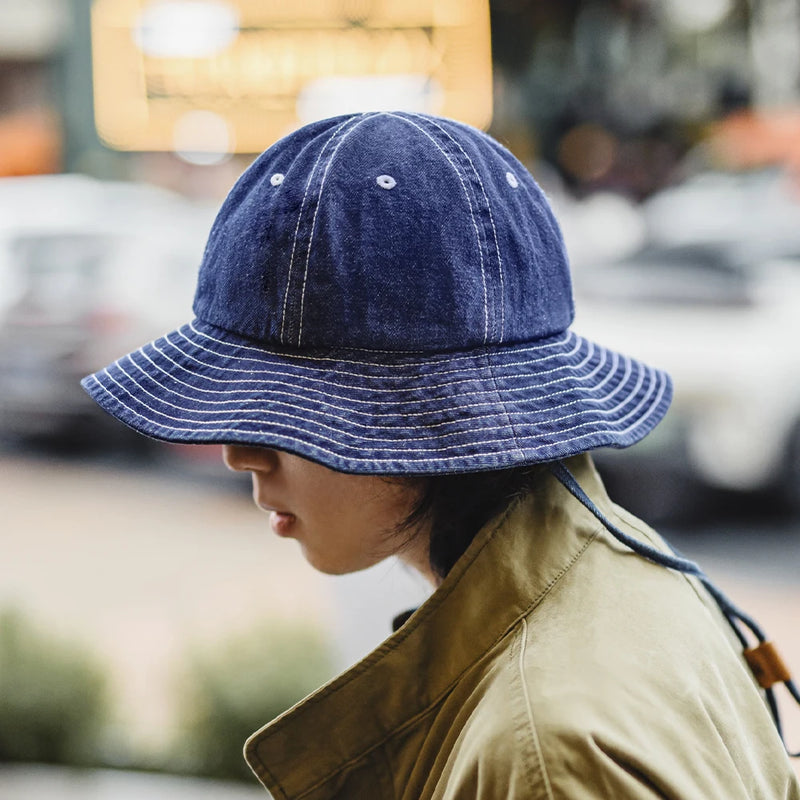 មួក Maden Vintage Denim Blue Bucket Hat មួកមូលមានគែមធំទូលាយសម្រាប់មួកអ្នកនេសាទ Unisex ដែលមានខ្យល់ចេញចូលបាន មួក Denim ធម្មតាសម្រាប់ក្រៅផ្ទះ
