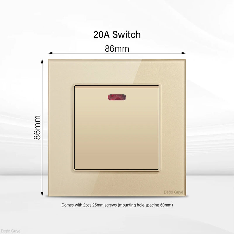 Gold UK 13A Tempered Glass Dual Socket,Universal Power Outlet With USB Type C 18W Quick Charge,Home Light Electric Switch Panel