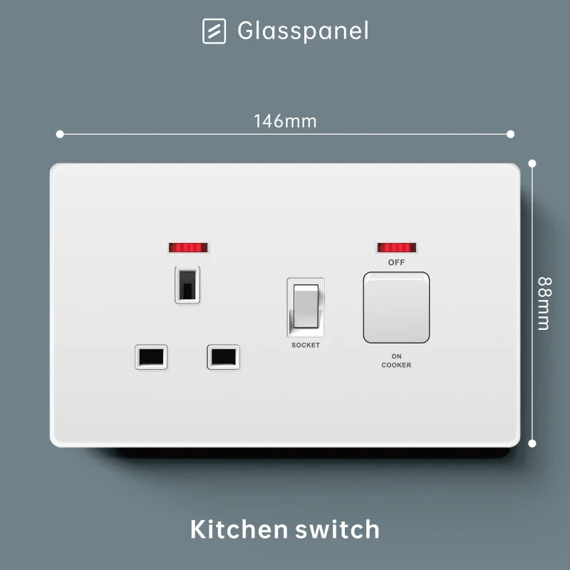 Luxury Skin Feeling Glass Wall Light Switch Button White UK Plug 13A Universal Wall 18W Type-C Fast Charging Socket