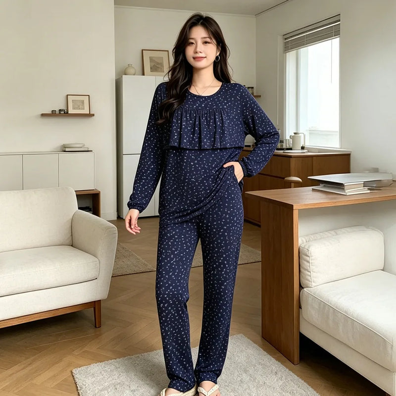 Floral Women's Sleepwear Sets Woman 2 Piece Home Wear Spring Autumn Long Sleeve Pyjama Femme Loungewear Ladies Homewear Pijama