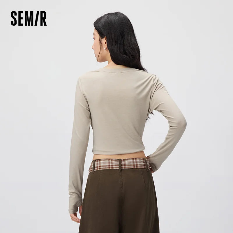 Semir Women Tshirt Letter Graphic Embroidered Detail Regular Shoulder Long Sleeve Slim Fit 2026 Autumn Everyday Wear