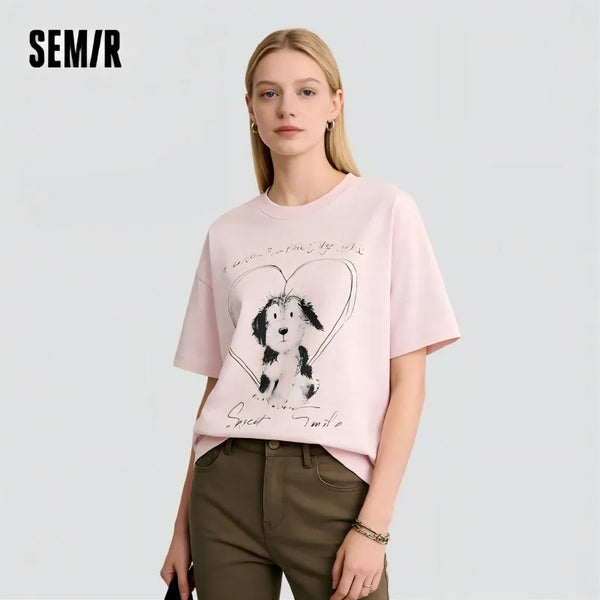 អាវយឺតស្ត្រី Semir ឆ្នាំ ២០២៦ បោះពុម្ពកប្បាសសុទ្ធរលុងរចនាបថខ្ជិលច្រអូសរចនាប្លែកធម្មតាទន់ពាក់ប្រចាំថ្ងៃ