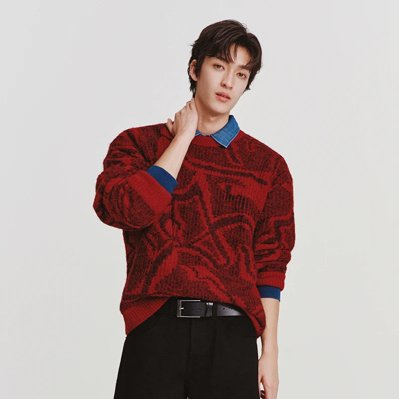 Semir Men Sweater 2026 New Red Double Sided Wear Horse Line Art Jacquard Full Print Crew Neck Knitwear Tops