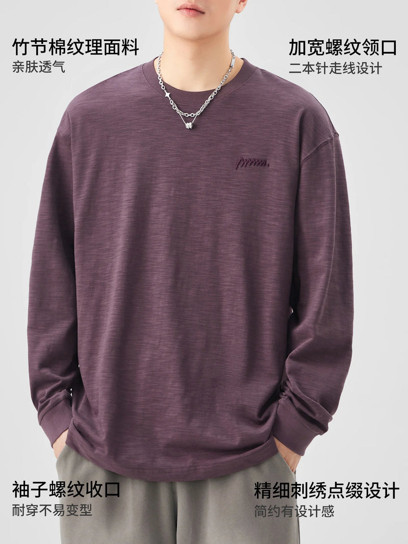 DUKEEN Heavyweight Slub Cotton Long Sleeve T-Shirt for Men Spring and Autumn Pure Cotton Crew-Neck Embroidered Tops Oversize