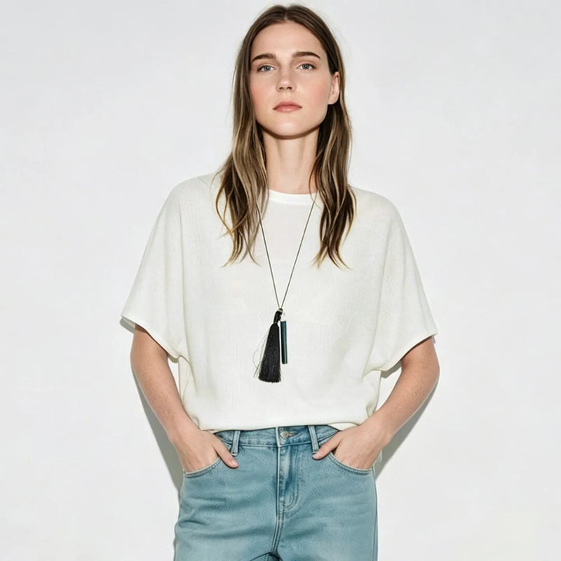 Amii Lightweight Women's Knit Top 2026 Summer New Round Neck Dolman Sleeve Sweater Loose Casual Slightly Sheer Pullover 12622198
