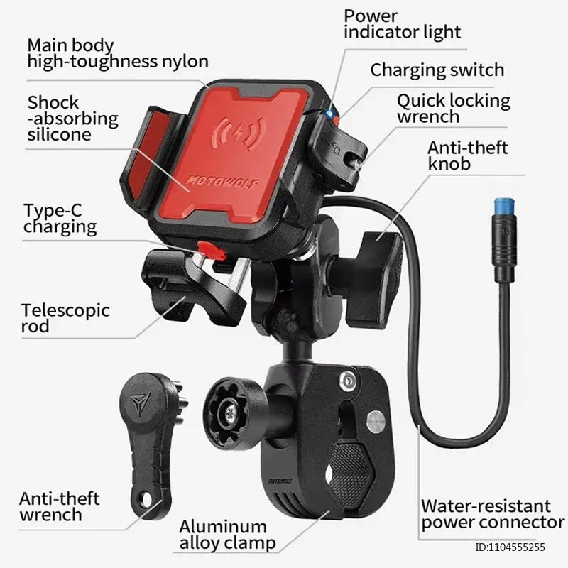ជើងទ្រទូរស័ព្ទម៉ូតូ MOTOWOLF ដែលអាចស្រូបយកឆក់បាន ប្រឆាំងនឹងចោរកម្ម អាចលៃតម្រូវបាន ជាសកល សម្រាប់ជើងទ្រកង់ ស្កូទ័រ