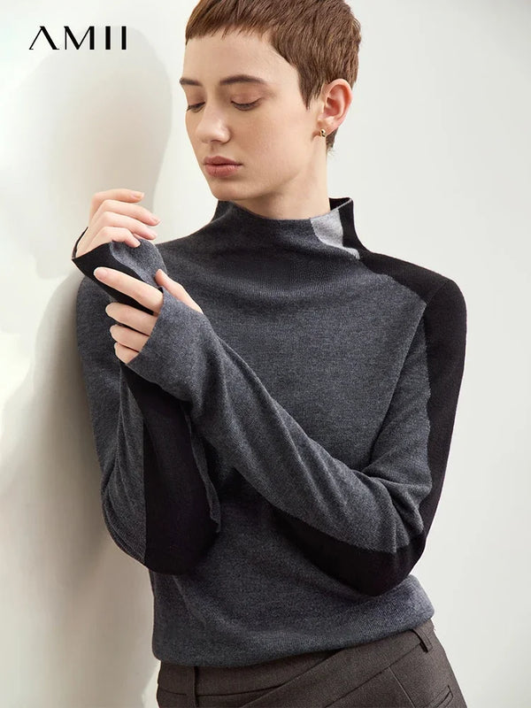 Amii Minimalism Women's Sweater 2026 Autumn New Basic Mock Neck Sweater for Woman Patchwork Slim Long Sleeve Tops Ladies12443133