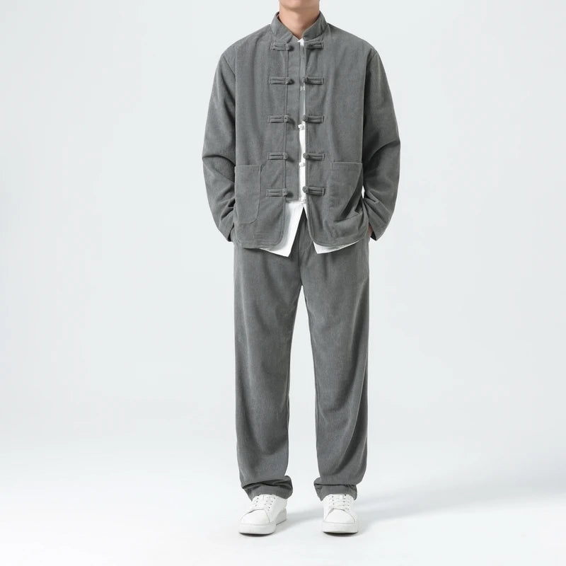 2026 Men's 2-Piece Set in Black Corduroy Fabric, Featuring A Chinese-inspired Single-breasted Stand-up Collar Jacket with Pants.