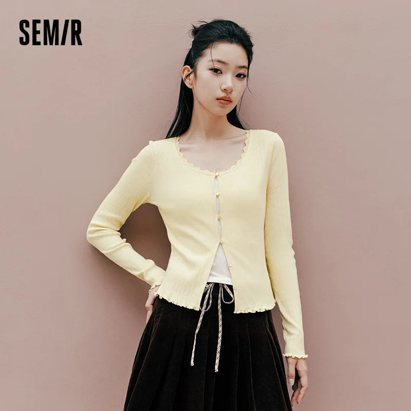 Semir Women Tshirt Long Sleeve Short Cotton Slim Ruffle Lace Trim U Neck Soft Casual Autumn Top Daily Wear 2026