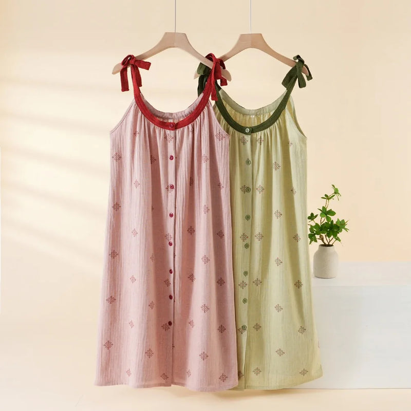Retro Nightgowns Woman Sleep New Summer Sleepwear One Piece Dress Pure Cotton Thin Sleeveless Pajamas Dress Night Wear Ladies