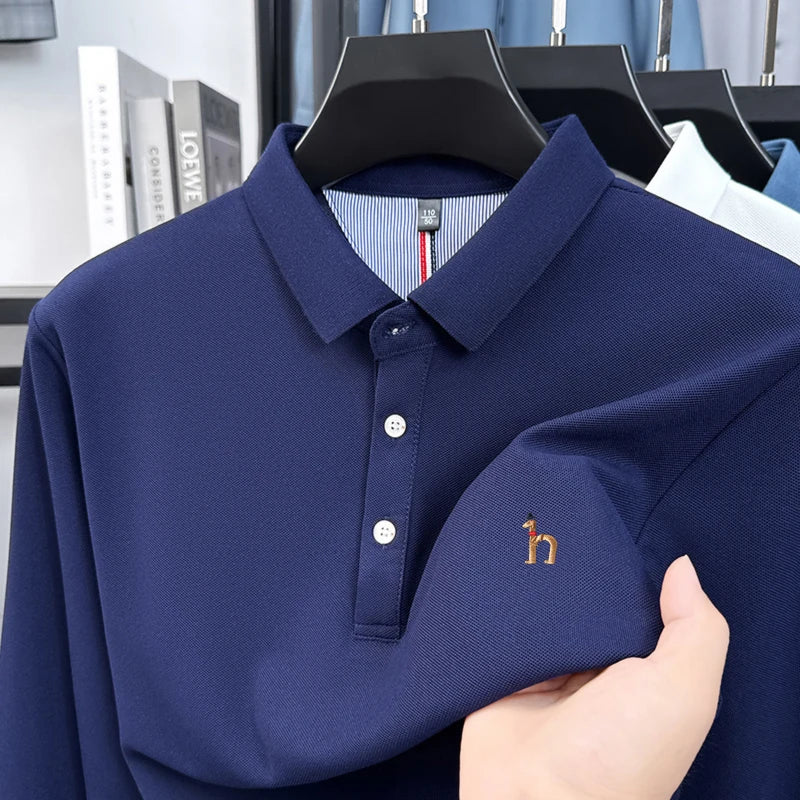 High Quality Men Long Sleeved Polo Shirt Lapel Button Exquisite Embroidery Not Deformed Autumn Winter Business Casual Men's Wear
