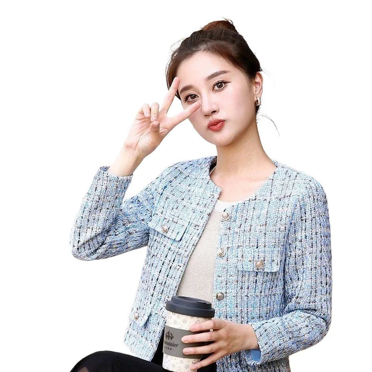 អាវធំ Tweed ផ្អែមបែបកូរ៉េថ្មីសម្រាប់នារី ម៉ូដសាមញ្ញ ដៃវែង ស្លីម ស្រស់ស្អាត បែបនារី ក O បែបបើកចំហរ ស្លៀកក្រៅ