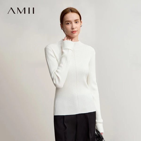 Amii Mock Neck Women Sweater 2026 Winter New Elegant Slim Knitted Tops For Woman Solid Soft Versatile Pullover Sweater 12544204