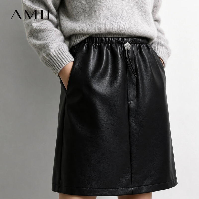 Amii Women's Faux Leather A-Line Mini Skirt Straight Fit Slimming Casual Commuter Minimalist Winter 2026 Mini Skirts 12624007