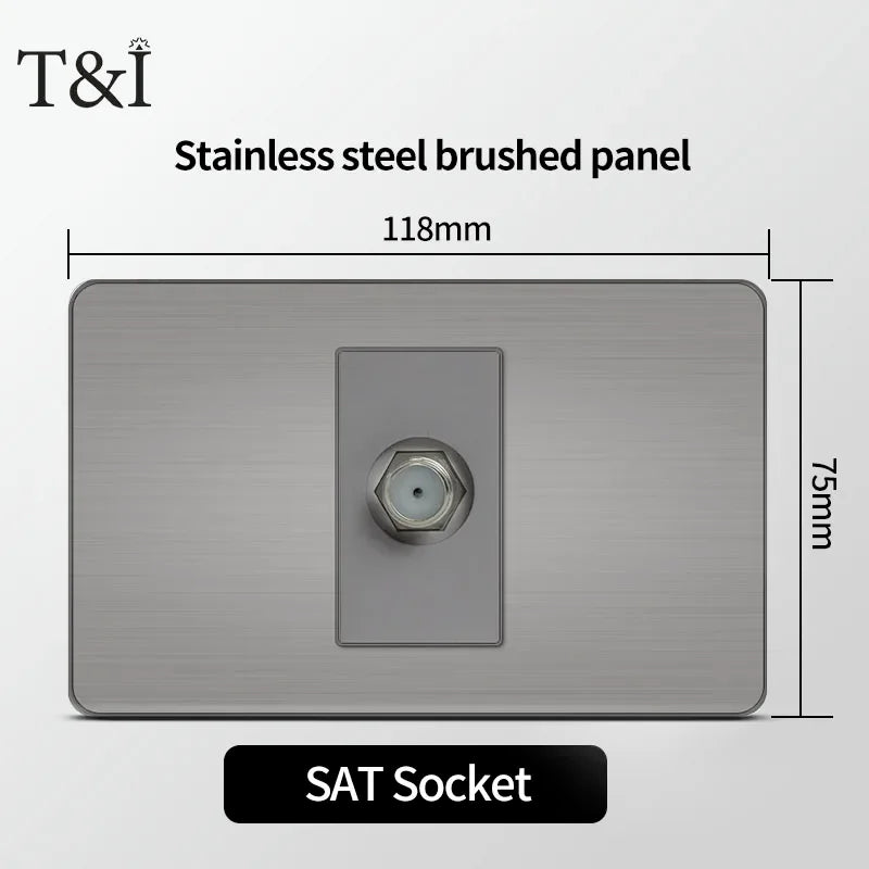 T&I 118 Premium Stainless Steel Brushed Wall Socket with USB Type - C, US Switch, Thai Plug for Home & Office Use