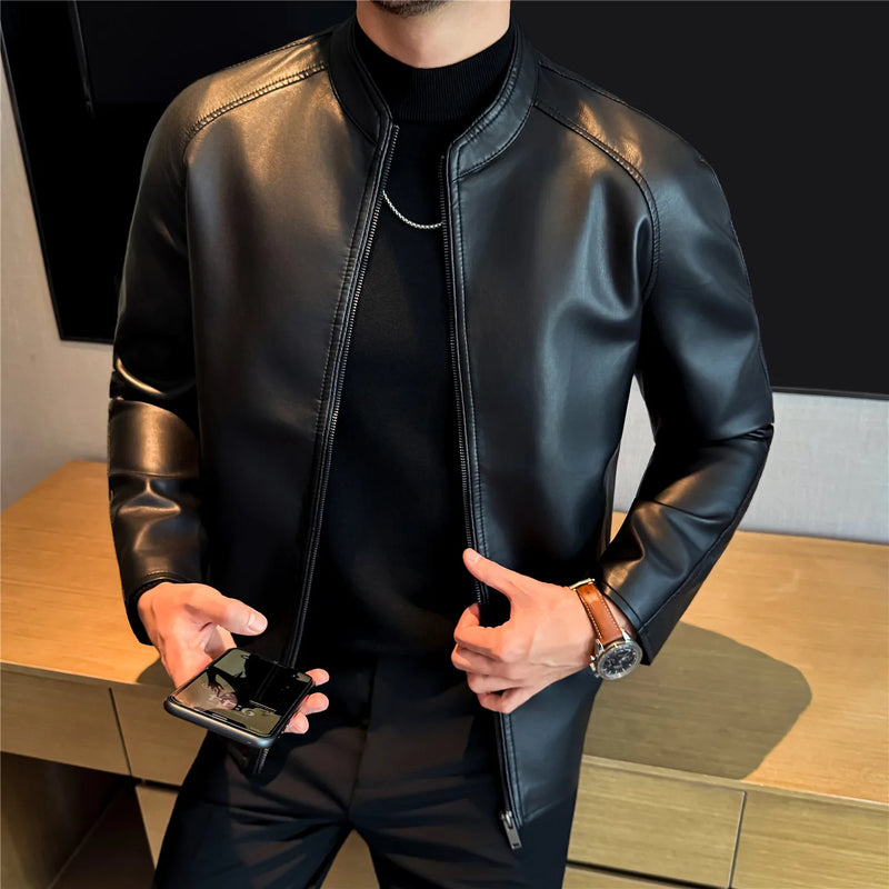 Men's Premium Motorcycle PU Leather Jacket, Slim Fit Stand Collar Biker Style, Black Fashion Motorcycle Jacket