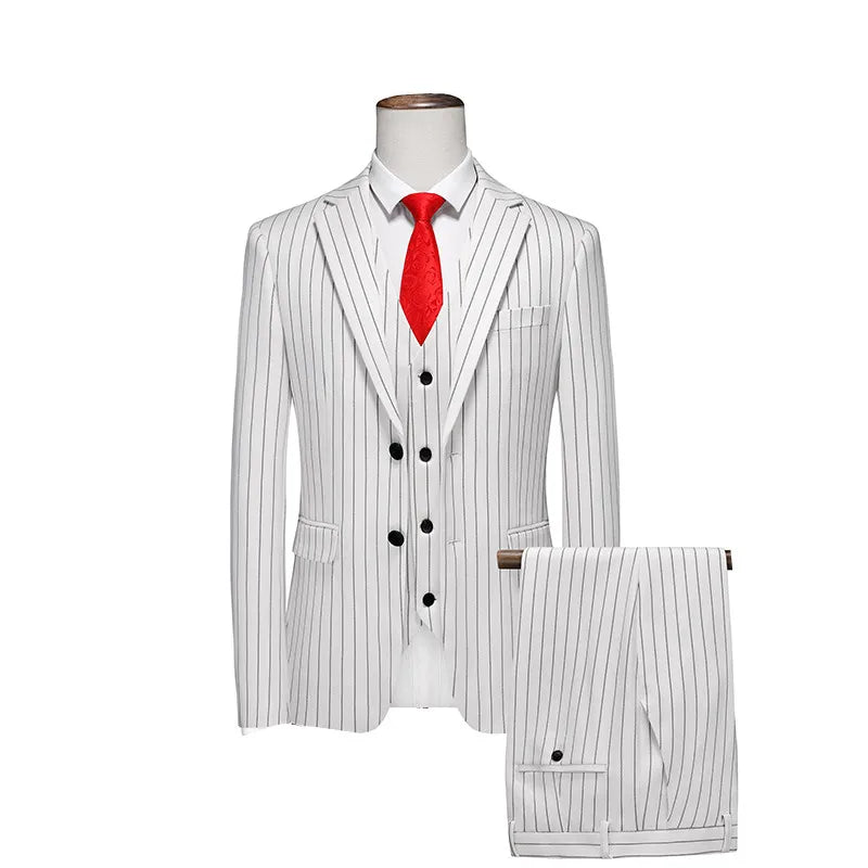 2026 New Men's Striped Red Suit 3-Piece, White Jacket and Pants Vest, Asian Size Available in White/Black, Fashionable Option fo