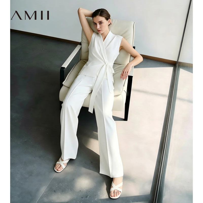 Amii Elegant Women's Blouse 2026 Summer New V-Neck Sleeveless Chiffon Top Satin Spliced Office Flowy Shirt For Women 12642213