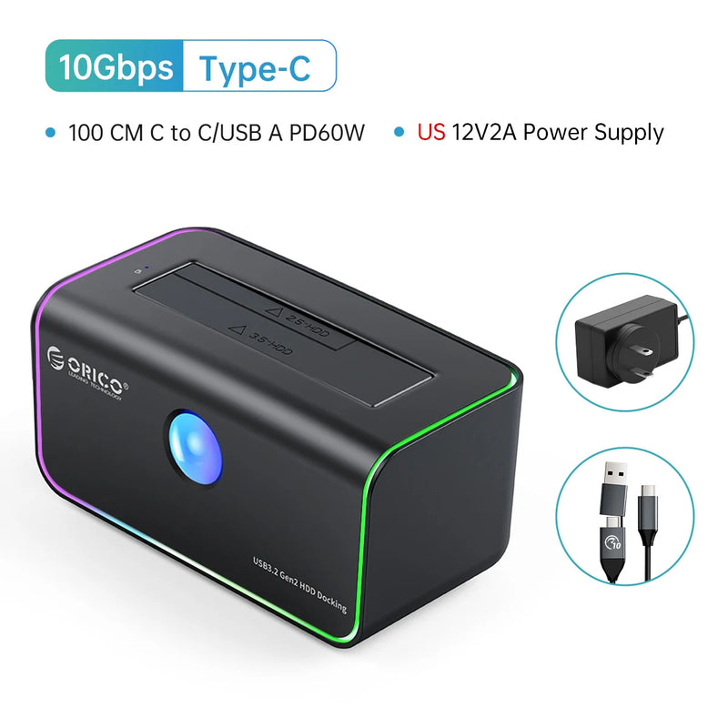 ORICO RGB Light 2-bay Type-C 10Gbps Hard Disk Docking Station for Game Enthusiast with Auto-Sleep Offline Clone Hard Disk Case