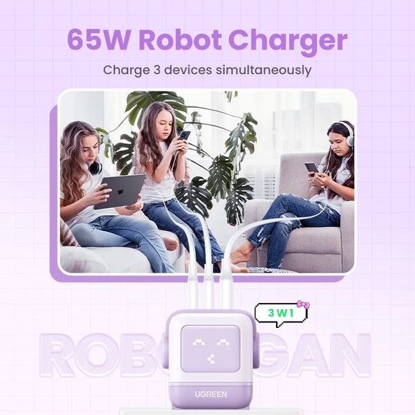 ឆ្នាំងសាក UGREEN 65W GaN ឆ្នាំងសាក Uno Robot Design សាកថ្មលឿន 4.0 3.0 PPS សម្រាប់ iPhone 18 17 Pro Macbook Air Laptop Tablet PD ឆ្នាំងសាកលឿន