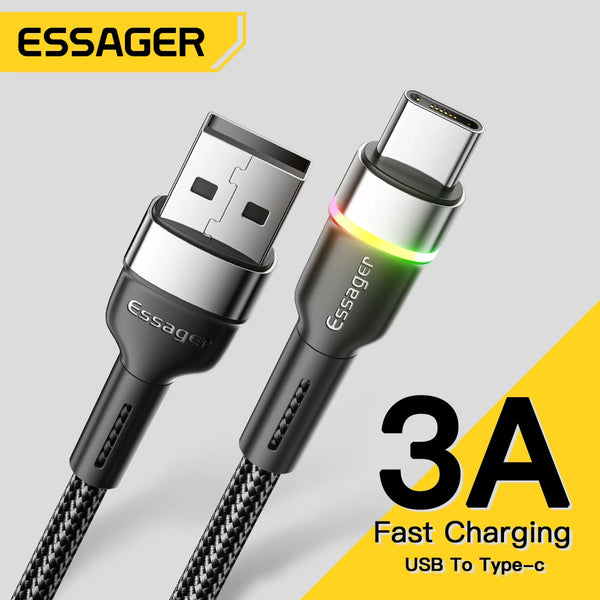 ខ្សែសាក Essager 3A USB Type C USB A ទៅ Type C ខ្សែសាកលឿនសម្រាប់ទូរស័ព្ទដៃ Samsung Redmi Xiaomi ខ្សែសាកទិន្នន័យ