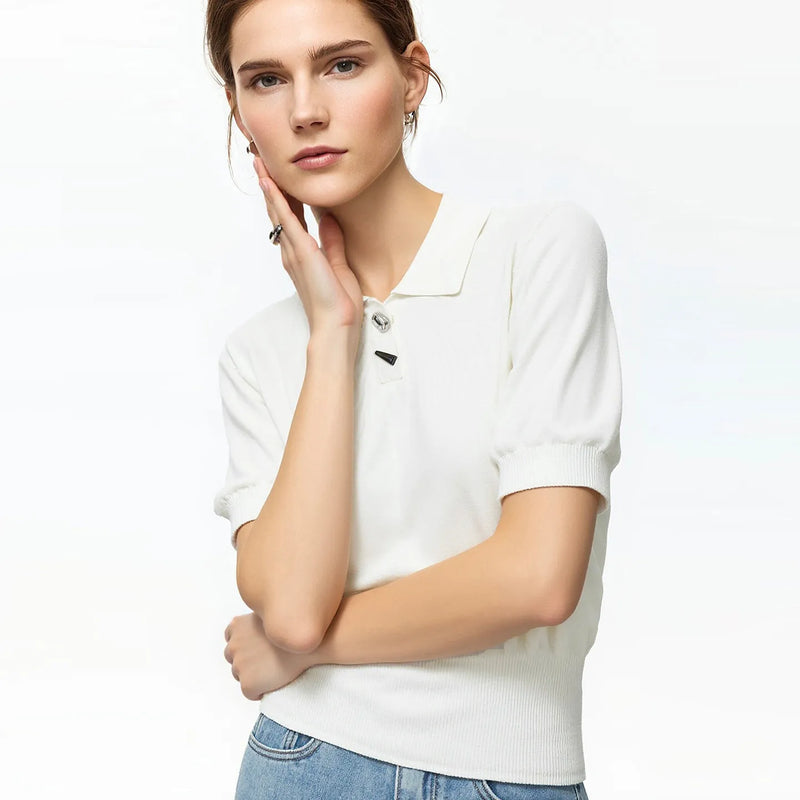 Amii Women's Knit Top 2026 Summer New Polo Neck Short Sleeve Sweater Metal Button Office Casual Versatile Pullover 12642077