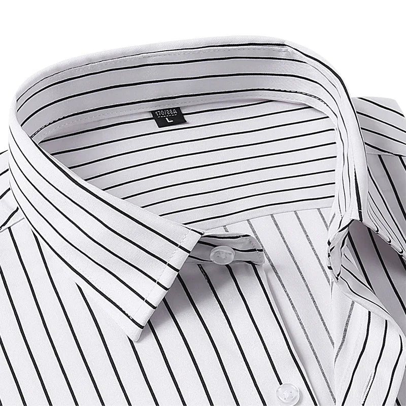 2026 Men's Pink Long-Sleeve Striped Shirt, White Single-Breasted Lapel Shirts, Available in Black or Blue.
