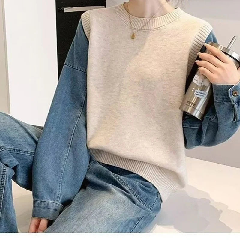 Autumn Winter New Lazy Sweater Knitted Denim Sleeve Splicing Fake Two-piece Women's Top Trendy Pullover Knitwear Clothes
