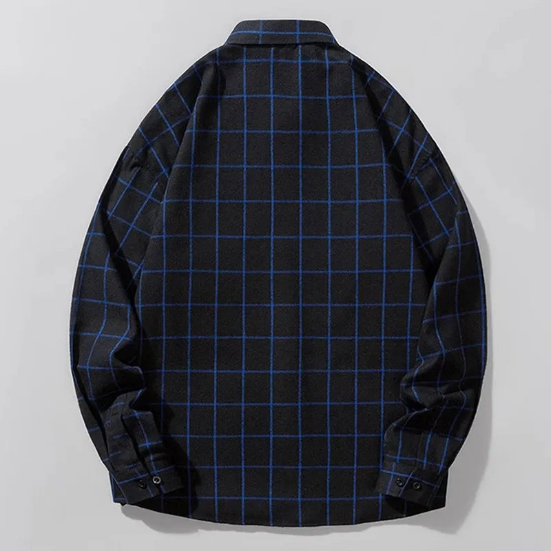 2026 New Men's Black Long Sleeve Shirt with Blue Striped Grid Decoration Casual Loose Fit Fashion Top Shirt