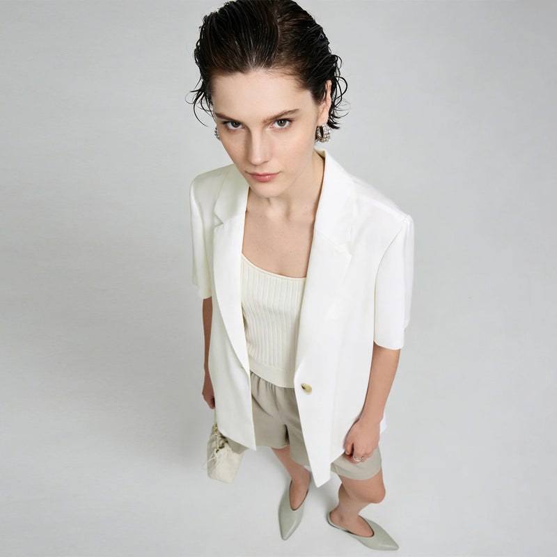 Amii Women's Blazer 2026 Summer New Notched Lapel Chiffon Splicing Short Sleeve Jacket Women's Single Button Casual Top 12622126