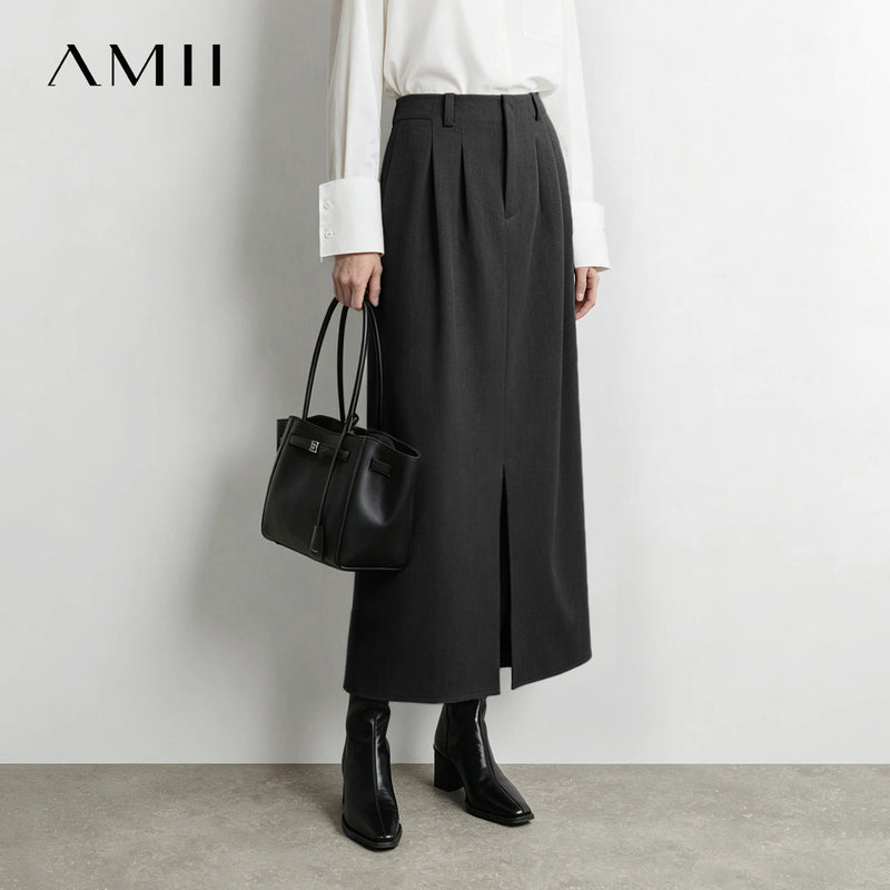 Amii Women Straight Long Skirt Front Slit Loose Fit Slimming Minimalist Commuter Versatile Winter 2026 Skirts for Women 12624016