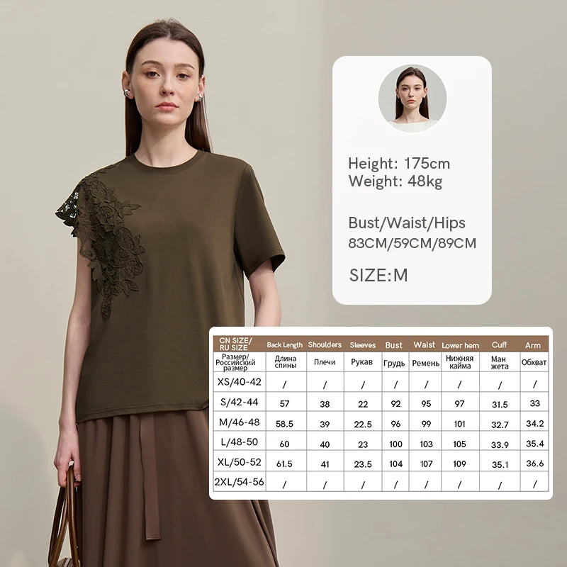Amii Women T Shirt 2026 Summer New Tops O-Neck Moisture-Wicking Cotton Tee Asymmetric Lace Loose Short Sleeve T-Shirts 12642026