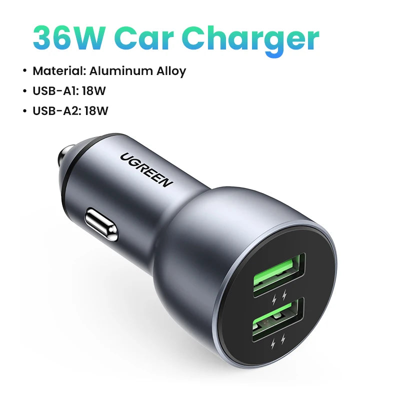 Ugreen 36W Quick Charge 4.0 3.0 QC USB Car Charger for Xiaomi QC4.0 QC3.0 Type C PD Car Charging for iPhone 17 16 15 PD Charger