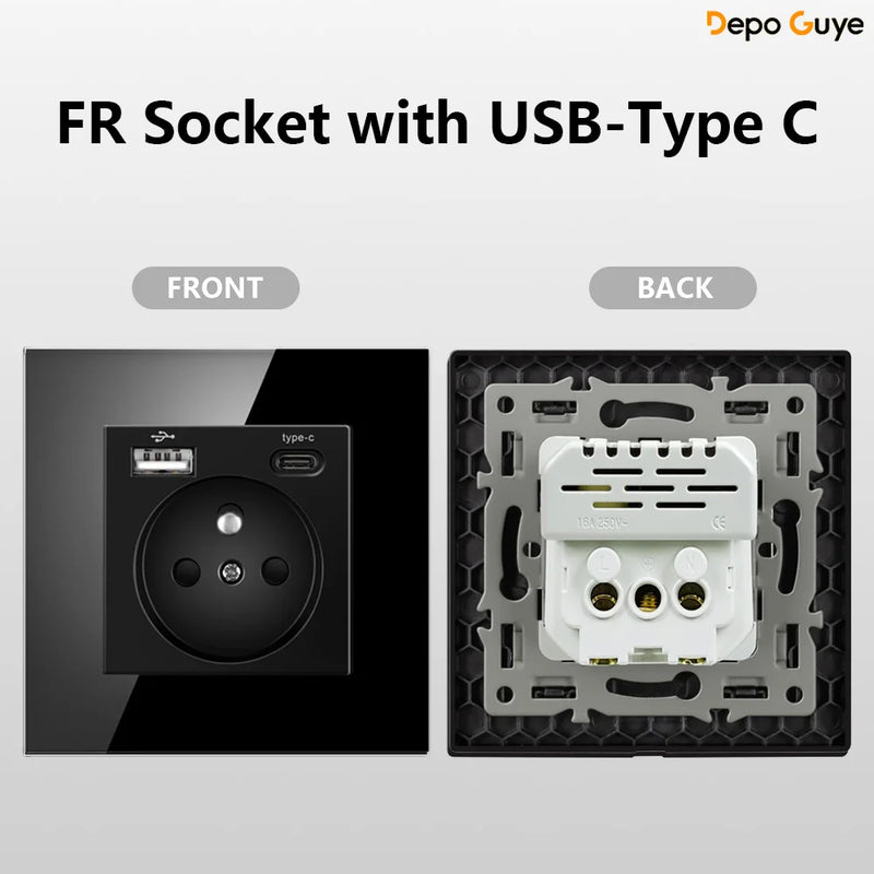 European Standard 4 Gang Wall Power Socket 16A Glass Panel with Dual USB Type-C Ports White/Black Industrial Home Hotel