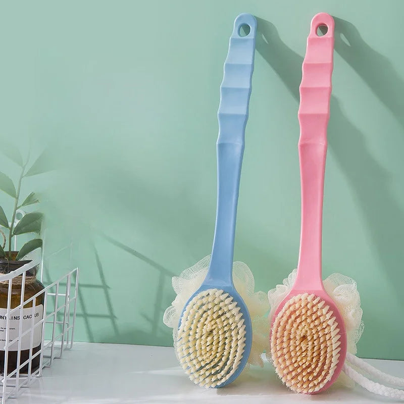 Dual-purpose long-handled bath brush with soft bristles for home use, with bath flower, for scrubbing back during bath