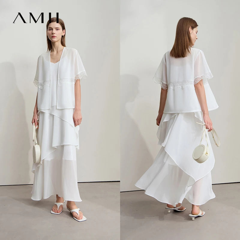 អាវ Amii Minimalist Beige Chiffon អាវស្ត្រីរដូវក្តៅឆ្នាំ ២០២៥ ថ្មីសម្រាប់នារីការិយាល័យធម្មតា V-neck Lace Solid Blouse Elegant Fairy Top 12522146