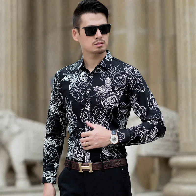 2026 Spring Men's White Long-Sleeve Printed Shirts, Blue Single-Button Collar Stretch Cotton Shirt, Asian Sizes M-5XL, 6XL, 7XL.
