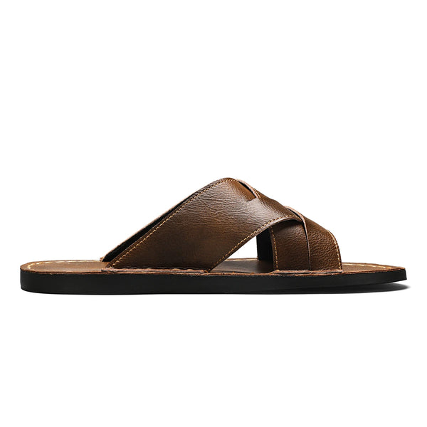Summer Mens Flat Leather Slippers Slides Slip-on Sandals Thin Soles Retro Style Anti-skid Breathable Comfortable Big Size 48 49