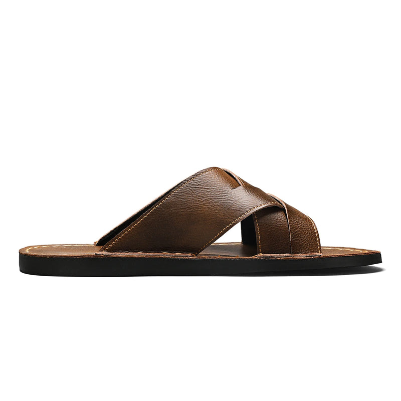 Summer Mens Flat Leather Slippers Slides Slip-on Sandals Thin Soles Retro Style Anti-skid Breathable Comfortable Big Size 48 49