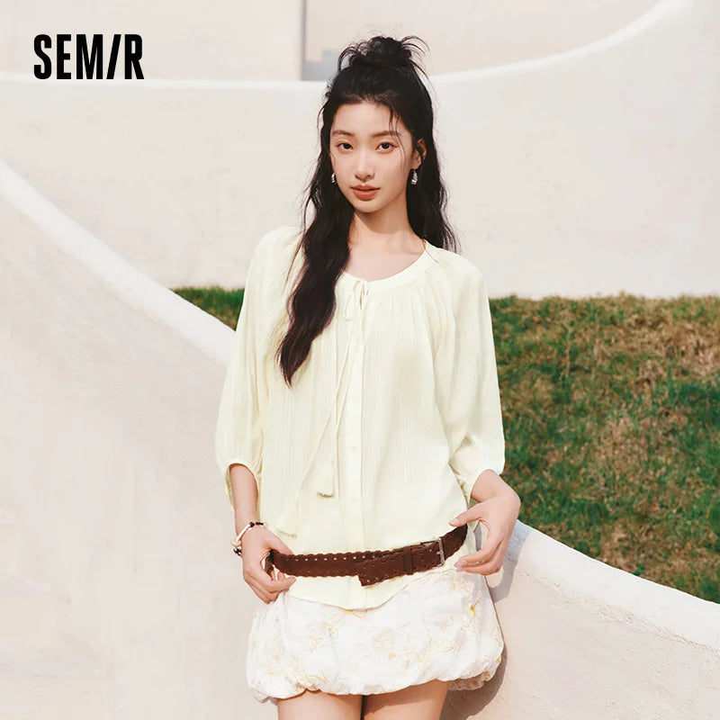 Semir Women Shirt 7/8 Lantern Sleeve Tassel Oversized Texture Shirt 2026 Summer Artistic Style
