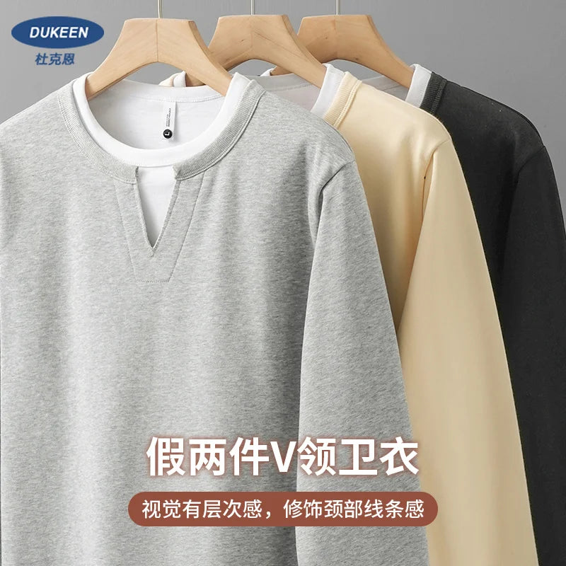 DUKEEN Men's 2-In-1 Pullover Sweatshirt 2025 Spring and Autumn New Fashion Loose Crew-Neck Long Sleeve T Shirts for Men