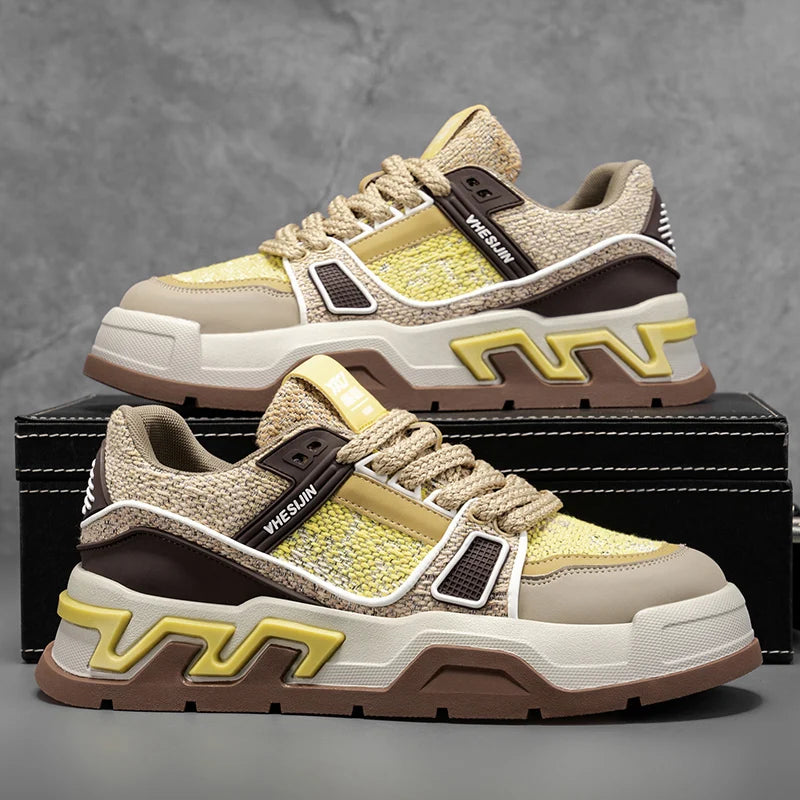 Mens Board Shoes 2025 New Flat Mesh Breathable Thick Soled Height Increasing Trendy Street Casual Sports Mens Sneakers