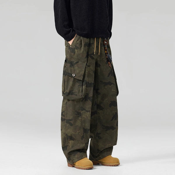 2026 Autumn New 100% Cotton Vintage Camouflage Pants for Men Clothing Big Pocket Drawstring Loose Cargo Trousers GF268812