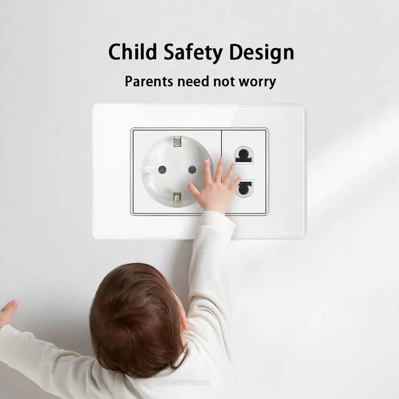 White Tempered Glass Panel Wall Light Switch Rocker Button EU Sockets Fast Charging CAT6 TV Power Outlet 118*75mm 16A AC110-250V