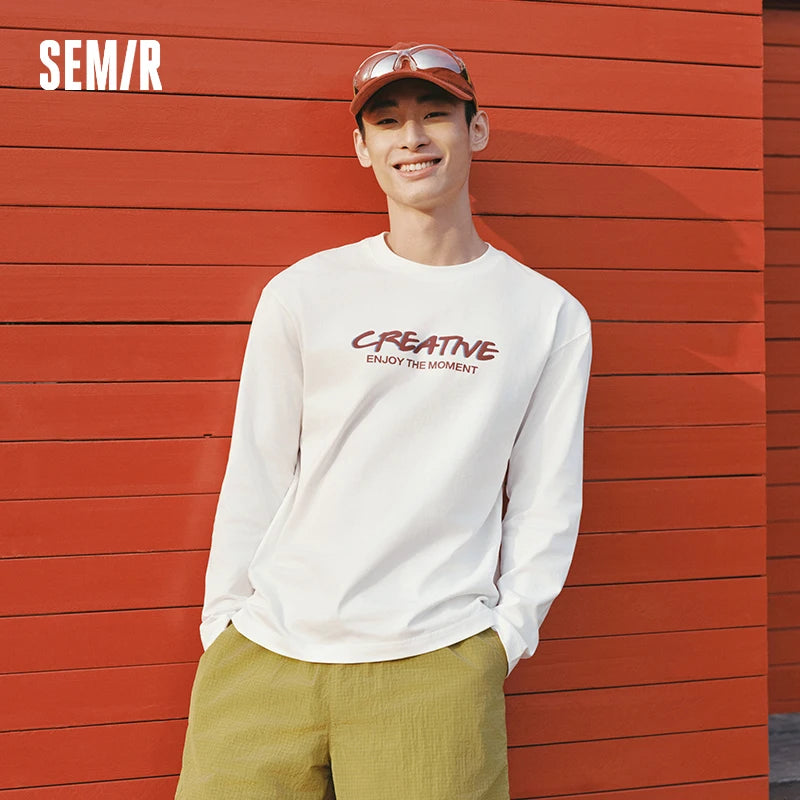 Semir Cotton Tshirt Men 2026 Spring Letter Print Crew Neck Couple Style Casual Black Basic Comfortable Inner Layer Top