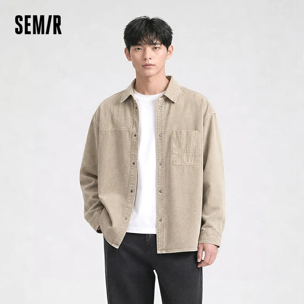 អាវបុរស Semir Denim ដៃវែងបុរាណរលុងបែប Retro រចនាប័ទ្មធម្មតាឆ្នាំ ២០២៦ រដូវស្លឹកឈើជ្រុះ Soft Streetwear អាវប្រចាំថ្ងៃប្រចាំថ្ងៃ